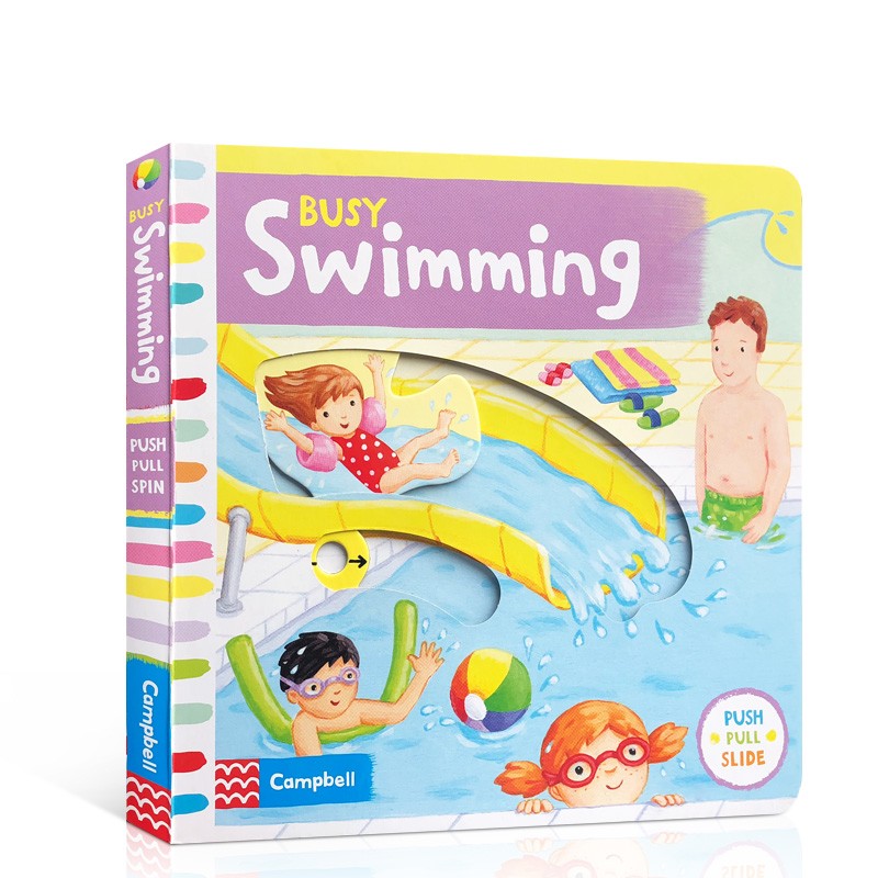 Busy Swimming 纸板书 幼儿启蒙认知英文原版趣味读物 孩子可以藉由推、拉和转动的过程