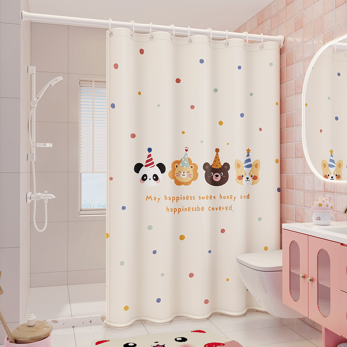 吱凡日本浴帘隔断帘防水高档卫生间干湿分离浴室洗澡防霉免打孔窗帘布 动物派对【160克加厚款】 【帘+杆】帘宽180x200+伸缩杆长110-200