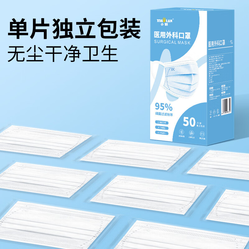 小懒（XIAOLAN）小懒一次性医用级外科口罩三层透气成人防尘防雾霾防粉尘独立包装 医用外科级【独立装200只】白色*4盒