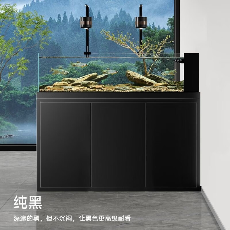 2025新款溪流缸客厅鱼缸超白玻璃家用小型底滤金鱼缸底滤造景缸 金属灰 120长*50宽超白侧溢流 两个溪流灯