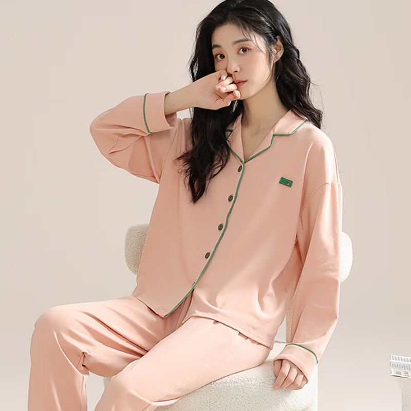 猫人纯棉睡衣女士2025年新款100%全棉秋冬季家居服可外穿大码长袖套装 桃粉色 100%纯棉 L 【适合100-120斤】