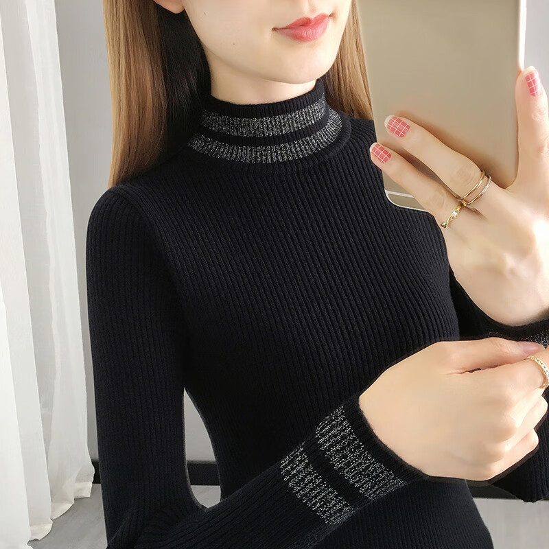 香影纯黑色打底衫女秋冬新款亮丝针织衫长袖内搭上衣修身短款半高领毛衣 黑色 3XL (建议135-150斤)