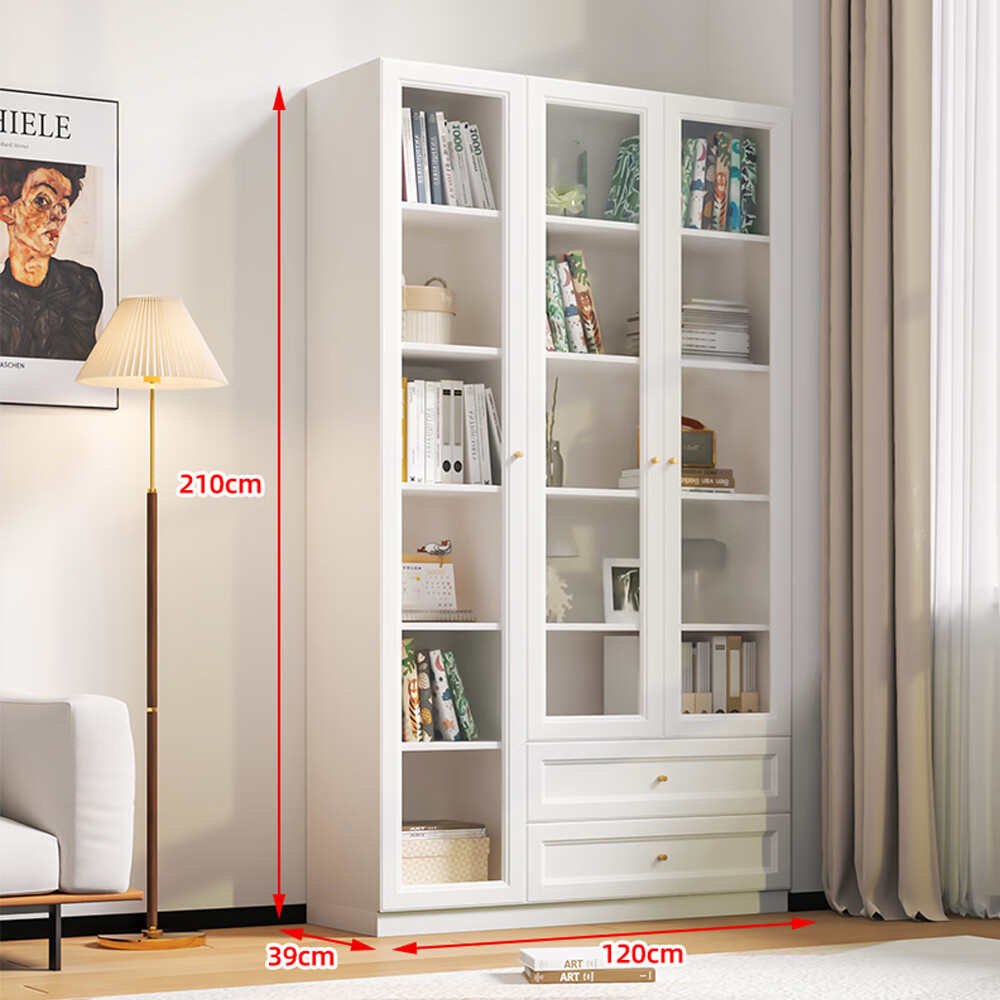 可比熊實木書柜帶玻璃門家用書架置物架客廳落地儲物柜防塵組合柜 6層120二抽柜 39深實木款