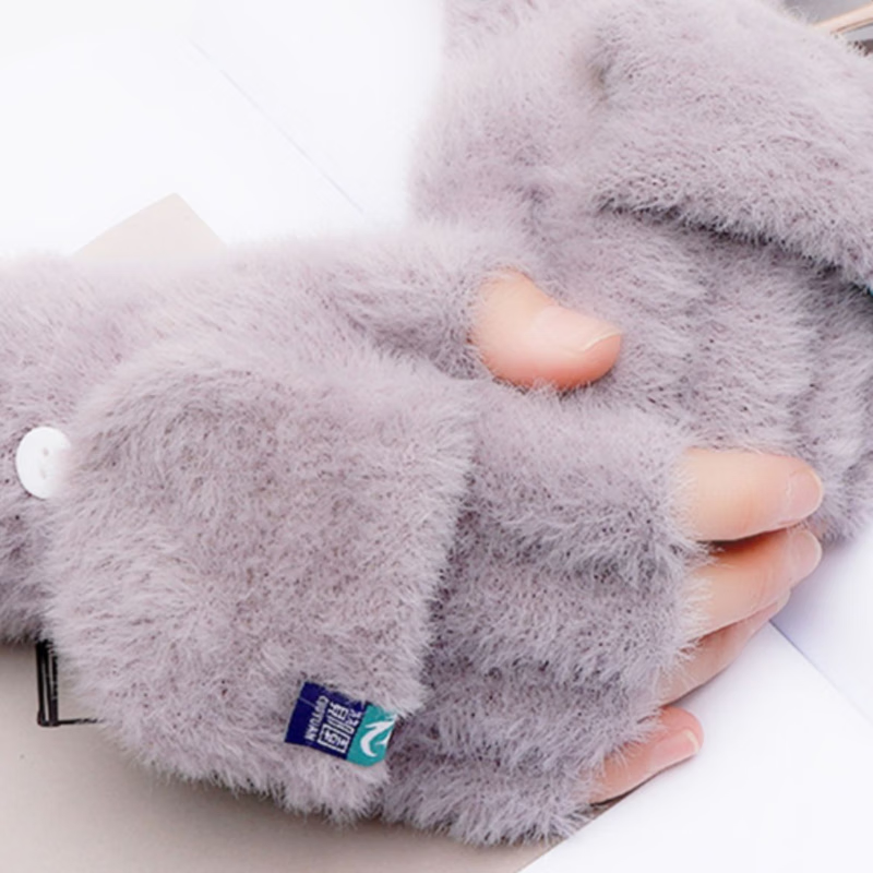 冬季加绒保暖毛绒半指翻盖手套女生学生写作业可爱防寒 深蓝 无规格