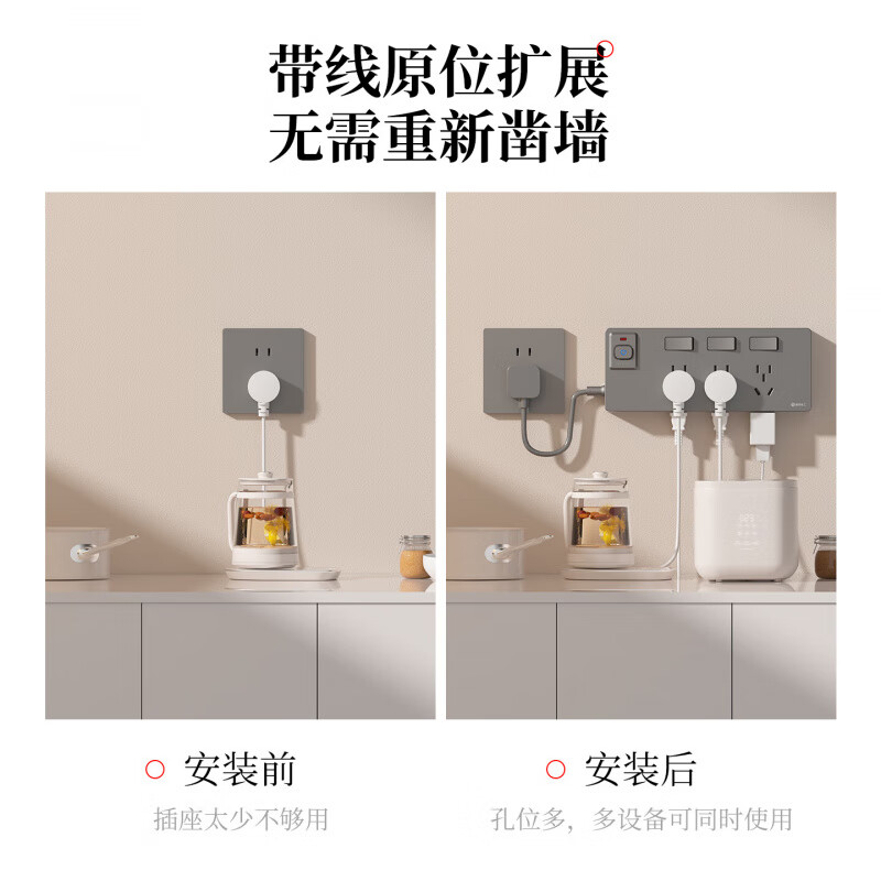 国际电工（FDD）拓展扩展插座总控插排家用一转多带线过载保护厨房分控开关插线板  白色三开21孔向左扩展【带30cm电源线】