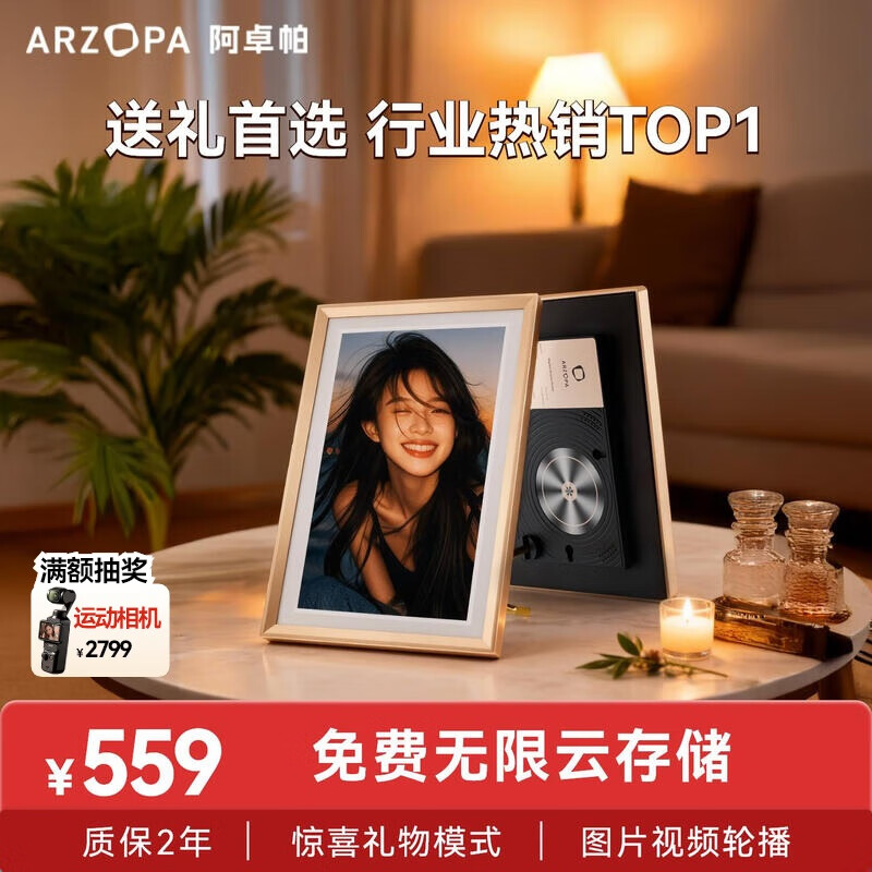 ARZOPA阿卓帕 10.1英寸数码智能云相框 高清电子相册 照片视频触摸播放  端午节礼物 D10香槟金