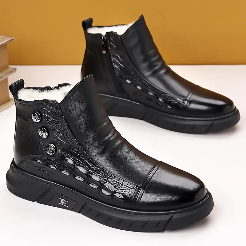 【时尚新款】男士休闲皮靴软皮软底防滑高帮鞋加厚保暖时装靴-QH 黑色【加绒款】 42