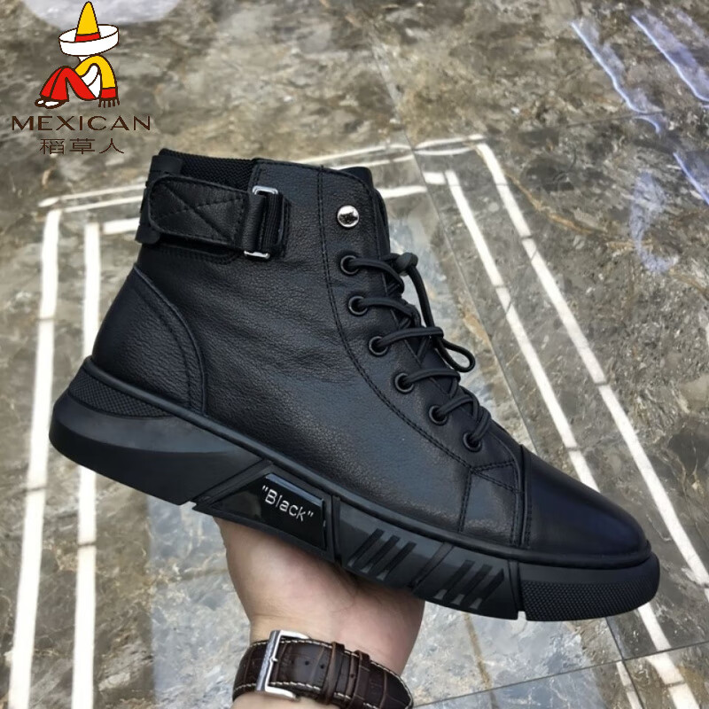 稻草人（MEXICAN）纯牛皮马丁靴男冬季真皮高帮棉鞋皮毛一体棉皮鞋加绒保暖雪地靴男 7066黑色【不加绒】 38