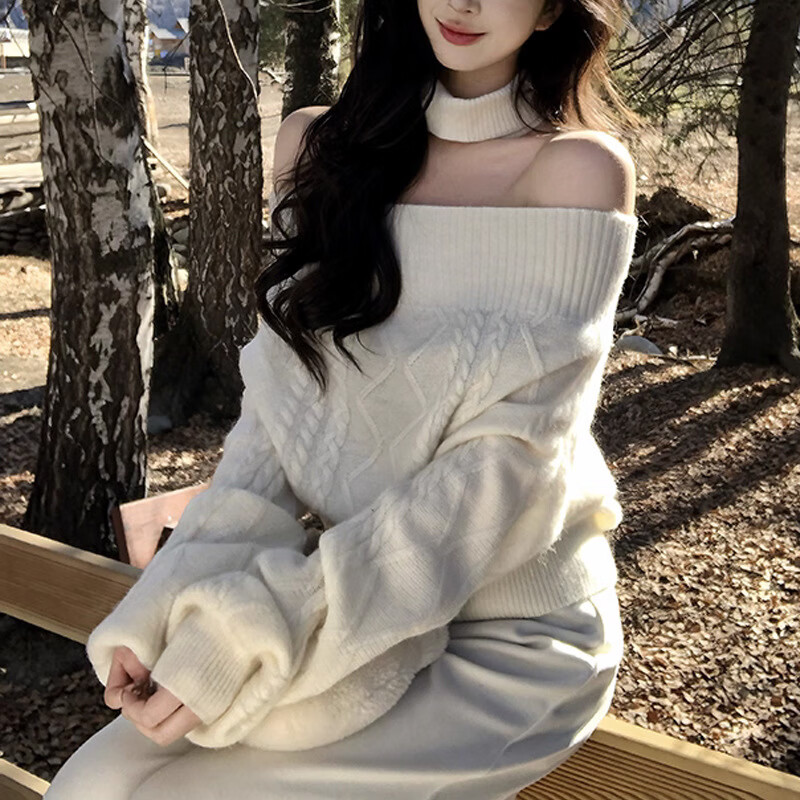 by onion 秋冬可外穿一字肩红色毛衣女慵懒高级感内搭羊毛针织衫 米白色 L