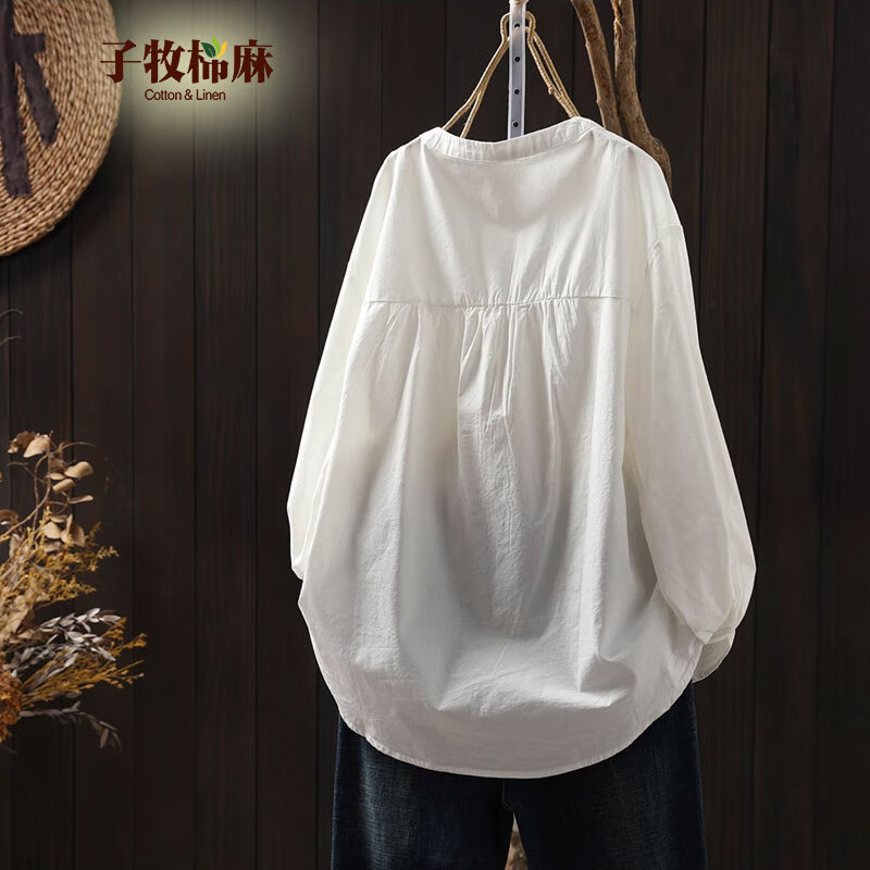 子牧棉麻2026春装 女风琴褶皱衬衫宽松长袖简约休闲百搭立领气质衬衣8856 白色 M (建议95-115斤)