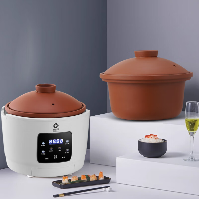 新创埼双套内胆天然紫砂电饭煲原矿真紫砂内胆无涂层煲汤炖煮煮粥煲仔饭智能触屏家用砂锅立体加热3L预约 白色 3L 彩屏（紫砂双胆套内胆）