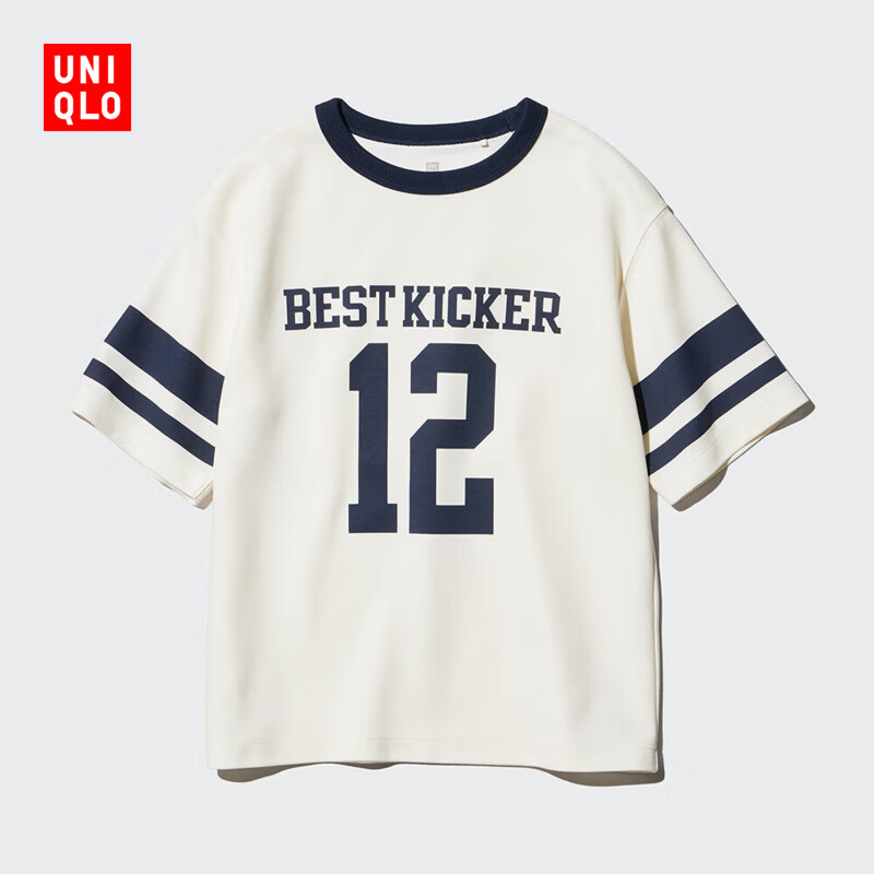 优衣库童装男女童AIRism棉混纺印花圆领T恤短袖透气聪明T474603 69 藏青色 140