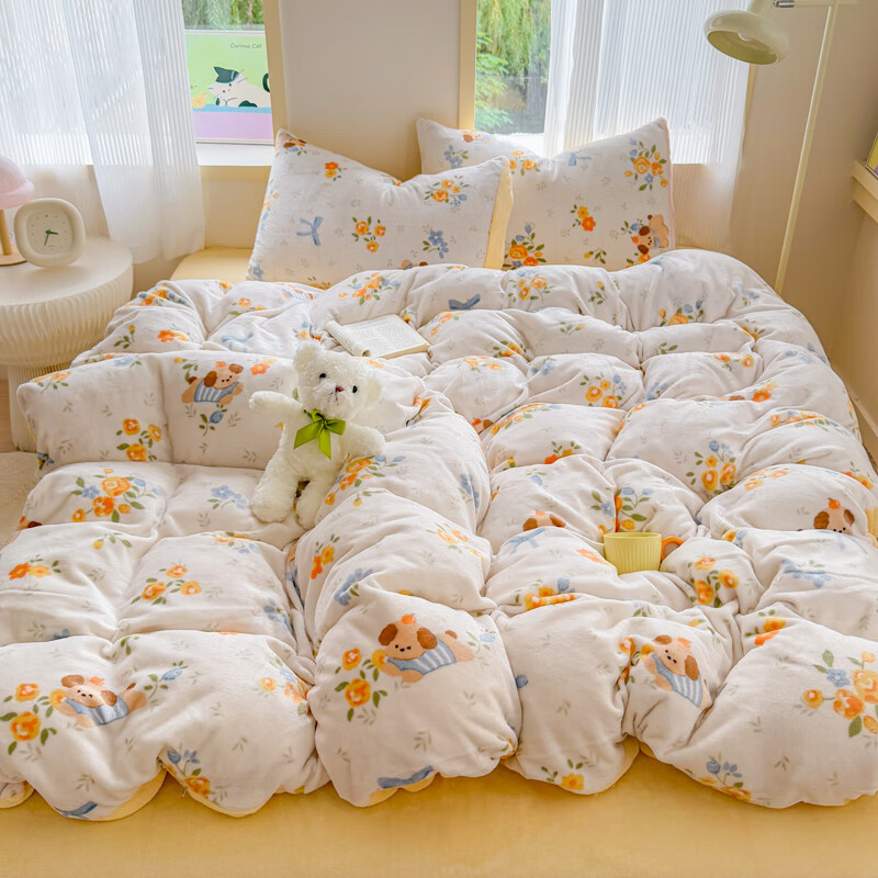 伊路卡新款牛奶绒四件套秋冬季保暖珊瑚绒床上用品儿童被套床单 布布萌宠 1.8米床 四件套 床单款 （被套200*230cm）