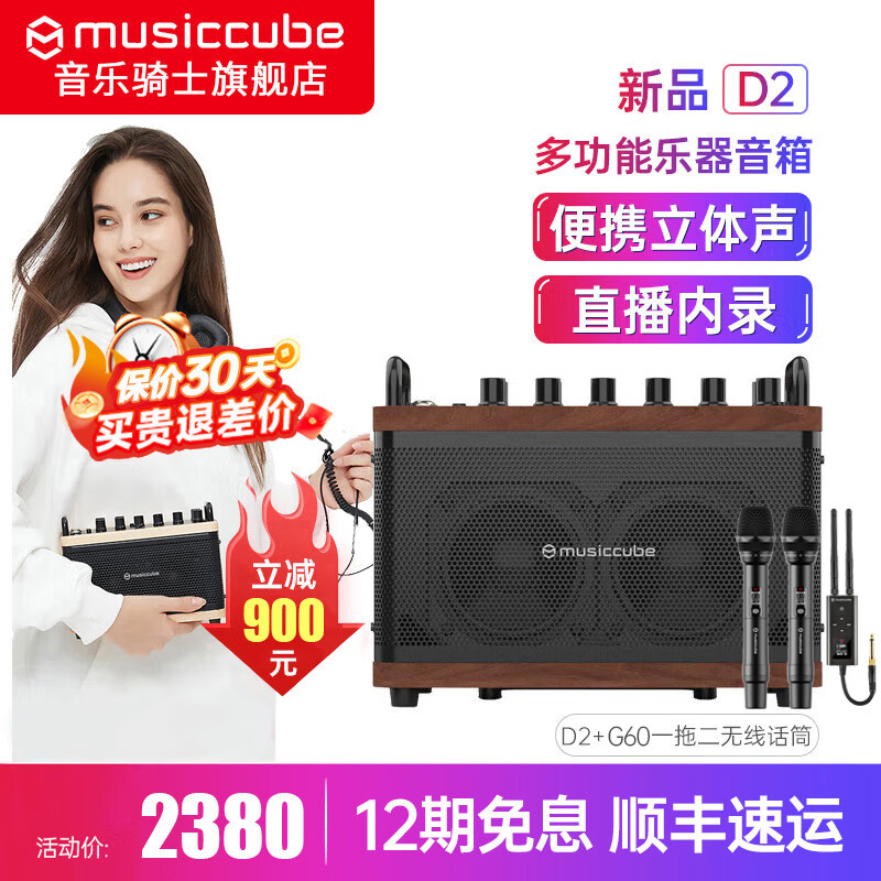 音乐骑士D2乐器音箱无弦吉他弹唱电吹管萨克斯专用便携蓝牙直播内录音响 D2橡木棕+G60一拖二无线话筒