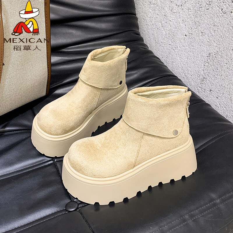 稻草人（MEXICAN）7CM增高真皮厚底美拉德勃肯短靴女秋冬雪地靴棉鞋加绒保暖马丁靴 米杏色-单里 35 标准尺码