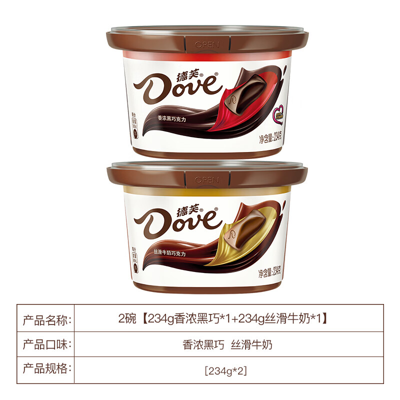 德芙（Dove）巧克力234g碗装丝滑牛奶黑巧糖果礼盒装休闲零食小吃批发 2碗【234g丝滑牛奶碗装*1+234g香浓黑巧碗装*1】