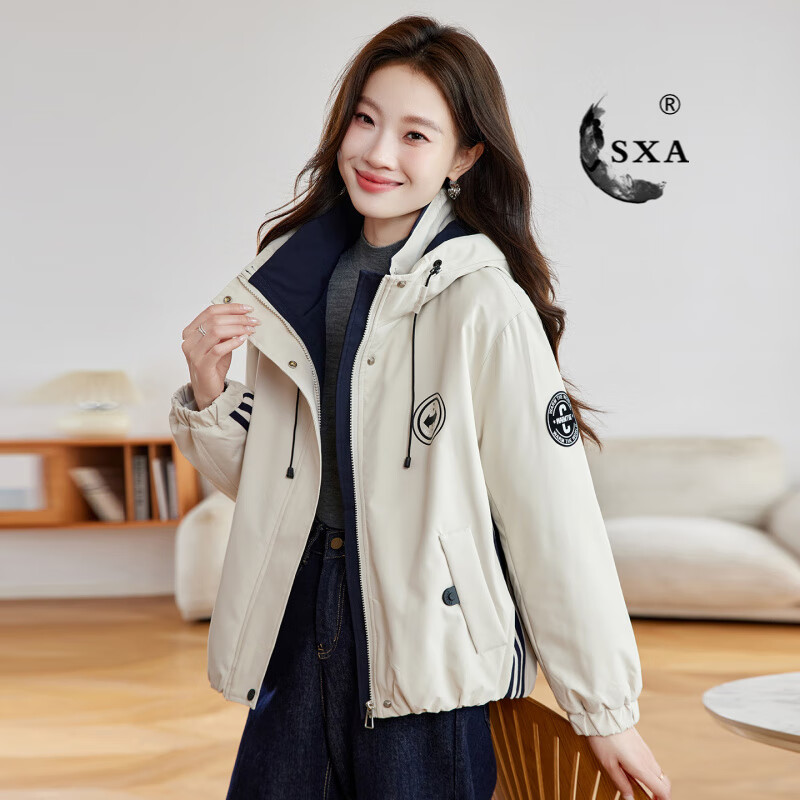 SXA香港潮牌撞色连帽加绒派克服短外套女2025秋冬新款小个子宽松棉服 米白色 M
