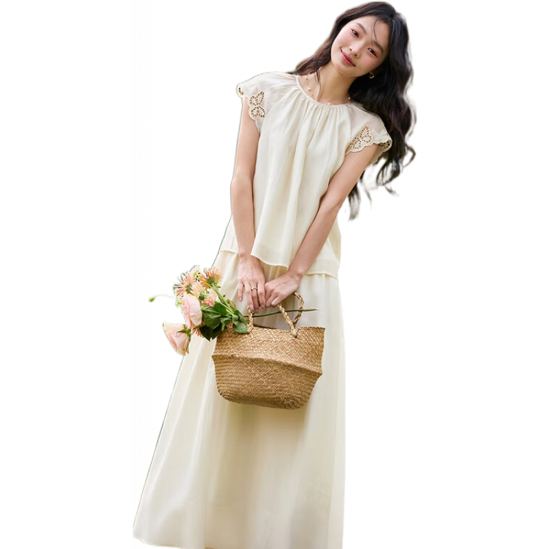 梵希蔓時(shí)尚優(yōu)雅免搭配套裝裙女2025夏季新款繡花上衣半身裙兩件套 M9837 優(yōu)雅杏 XL