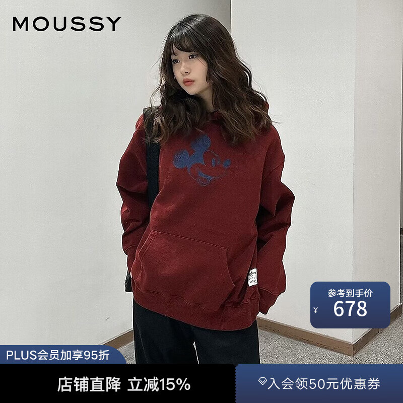 moussy 2025新品迪士尼联名新年米奇连帽卫衣女010ISY90-3481 083深红色 均码