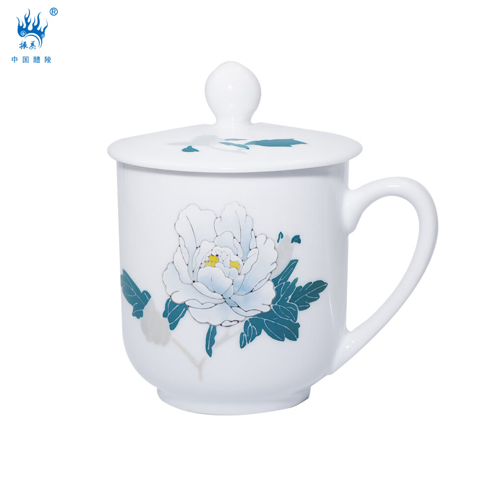 振美醴陵办公室茶杯带盖会议杯 主人杯喝水杯 国瓷陶瓷 人民水杯400ml 牡丹单杯-礼盒装