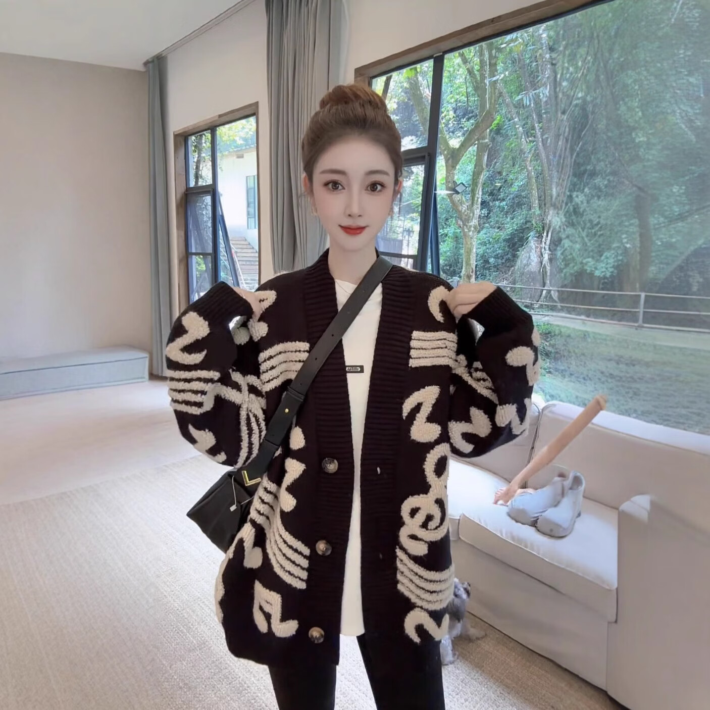 2025新款韩版慵懒风针织开衫女秋冬新款宽松百搭毛衣外套潮 黑色 L 建议110斤-120斤