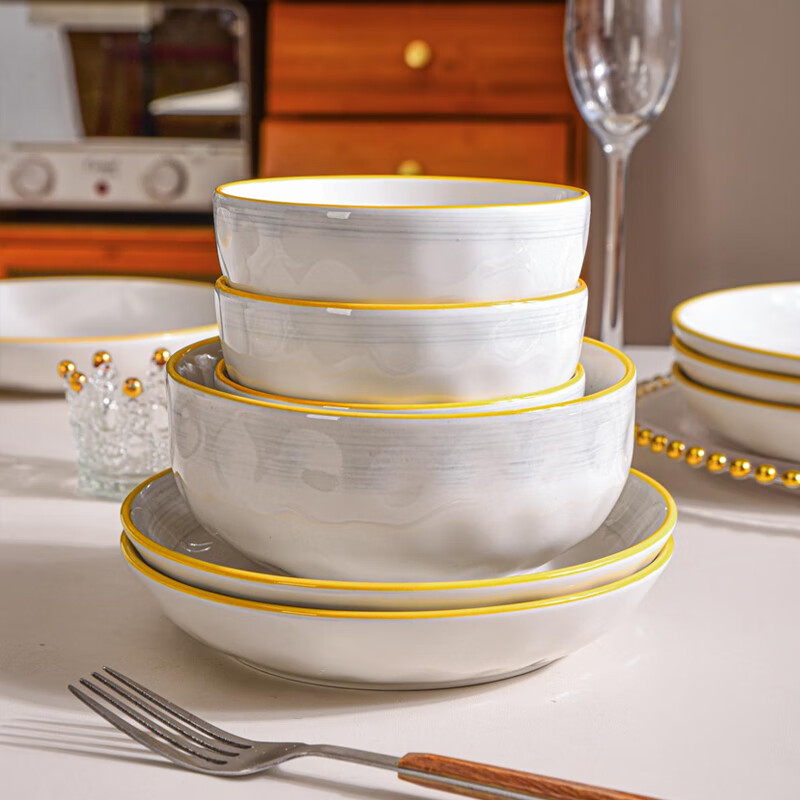 想迦月如烟系列陶瓷餐具2025新款高颜值餐具陶瓷碗盘釉下彩乔迁送礼 8人食32件套装【月如烟】