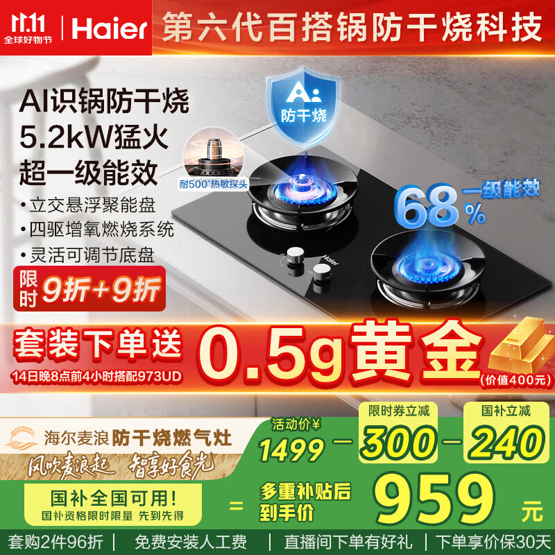 海尔（Haier）【麦浪套系】燃气灶天然气双灶 嵌入式台嵌两用 百搭锅防干烧防护 5.2kw猛火国家补贴20%QGBE2(天)