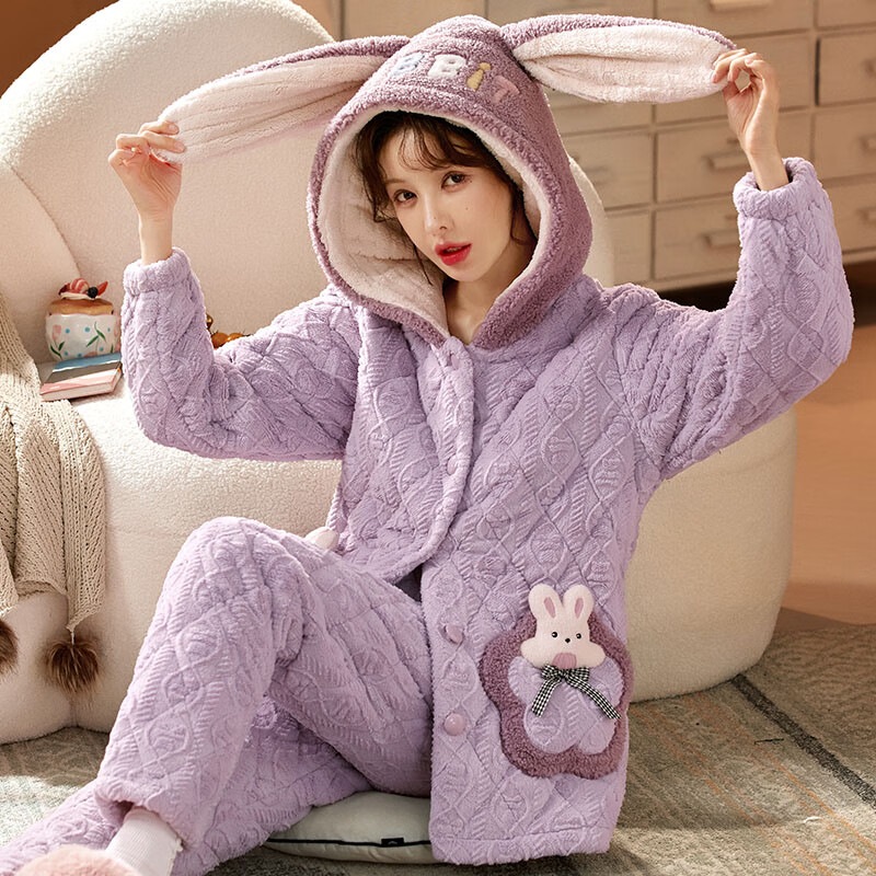 chunnian女士睡衣女冬季保暖珊瑚绒加厚加绒三层夹棉法兰绒带帽家居服套装 XEQN-2374【外套+裤子】 L