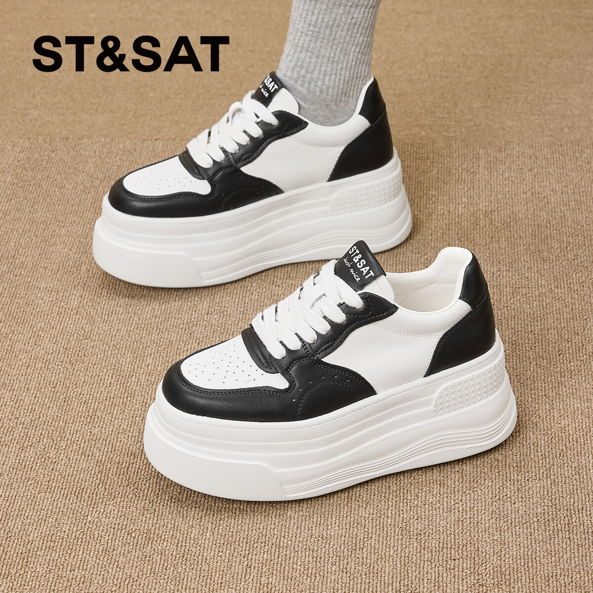 星期六时尚拼色休闲鞋女2025年春秋款舒适松糕底女鞋黑白熊猫鞋 黑色 35