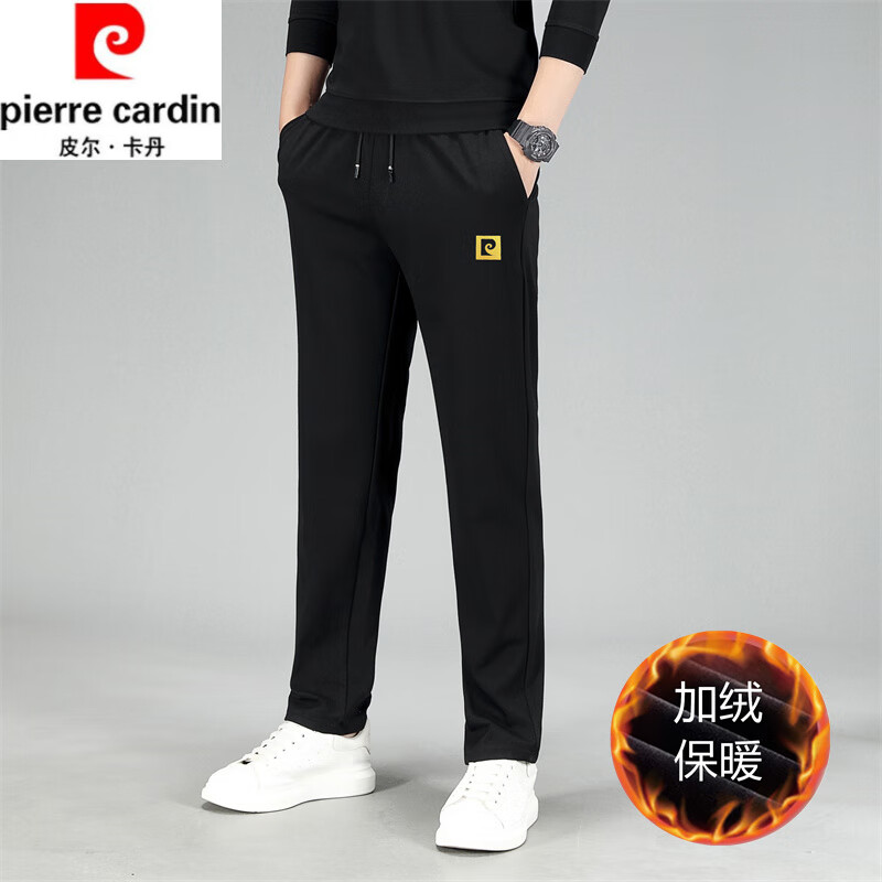 皮尔卡丹（pierre cardin）运动裤男装秋冬款加绒加厚直筒卫裤休闲裤宽松长裤子 黑色 M 165