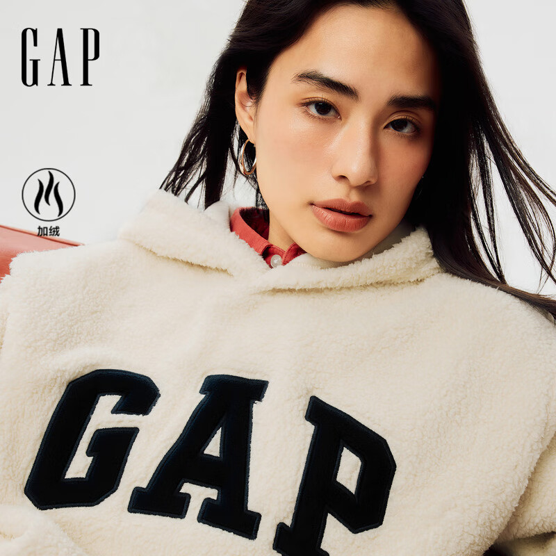 盖璞Gap男女装2025秋季新款撞色logo仿羊羔绒宽松连帽卫衣上衣786506 米色 M (170/92A) 亚洲尺码