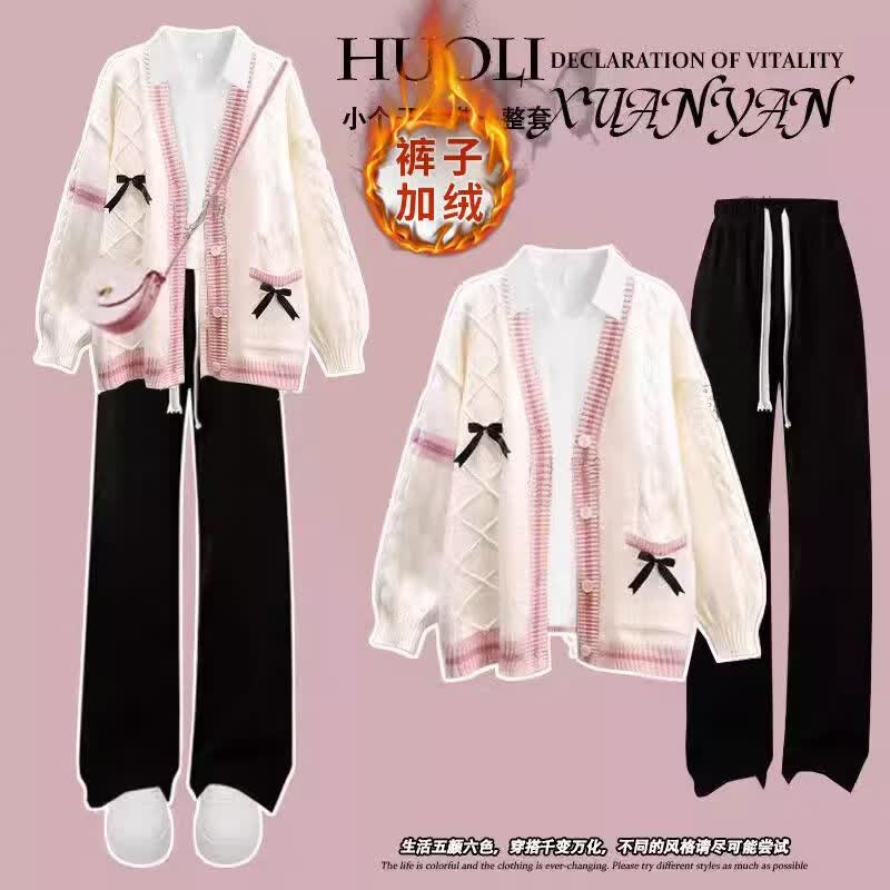 欧颖慕女大童套装春季新款初高中生春装毛衣休闲裤三件套女孩衣服外套女 三件套 粉色毛衣+白衬衫+粉裤 155 （S）码【建议75-90斤】