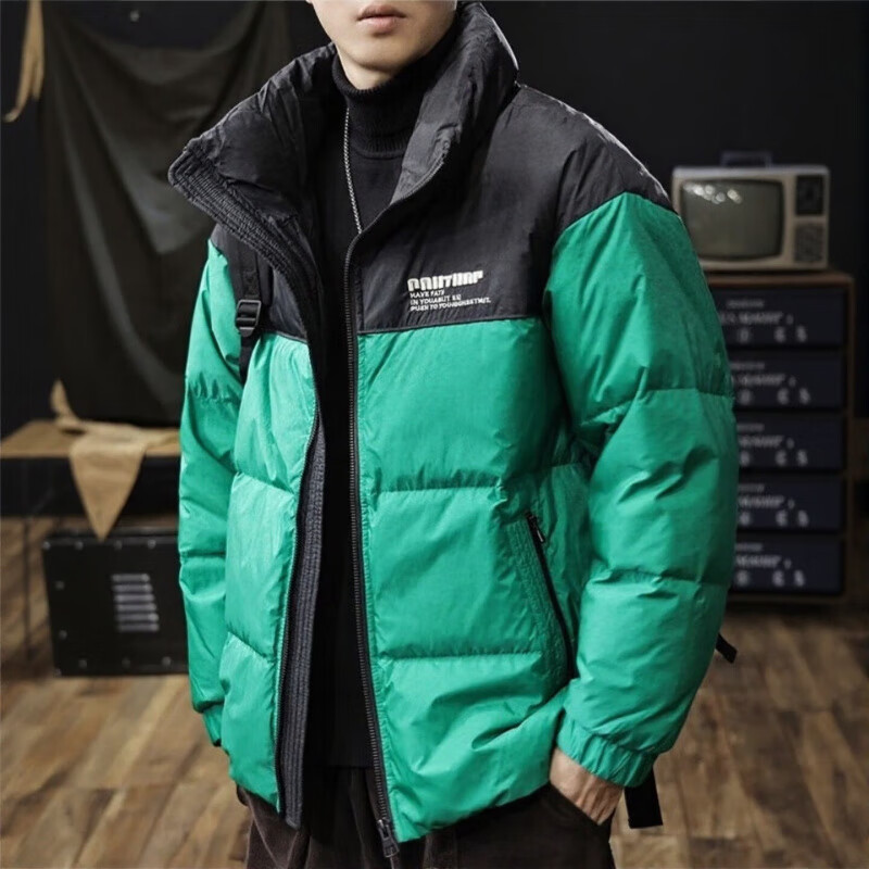 邦约恋人美式复古潮牌拼色羽绒服男2025冬季新款高充绒加厚保暖外套情侣款 珊瑚绿 GY7253 2XL 建议体重 166-185斤