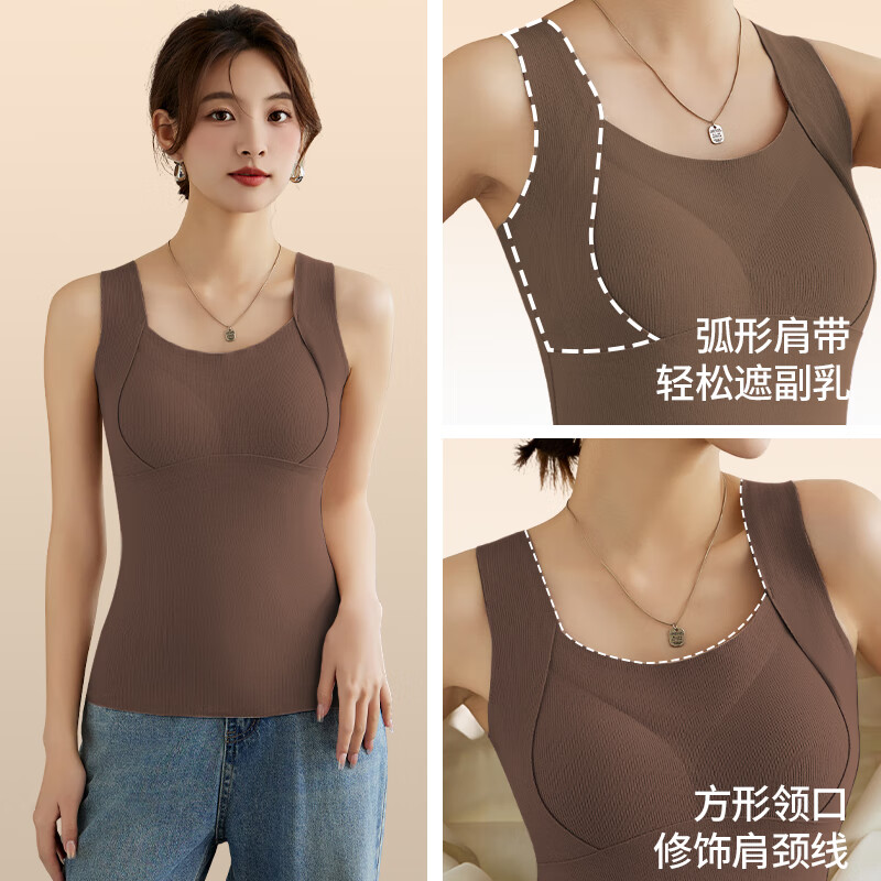 ROVO保暖内衣女2025新款冬季羊绒背心带胸垫加绒内搭孕妈桑蚕丝打底衫 奶咖+黑色 L
