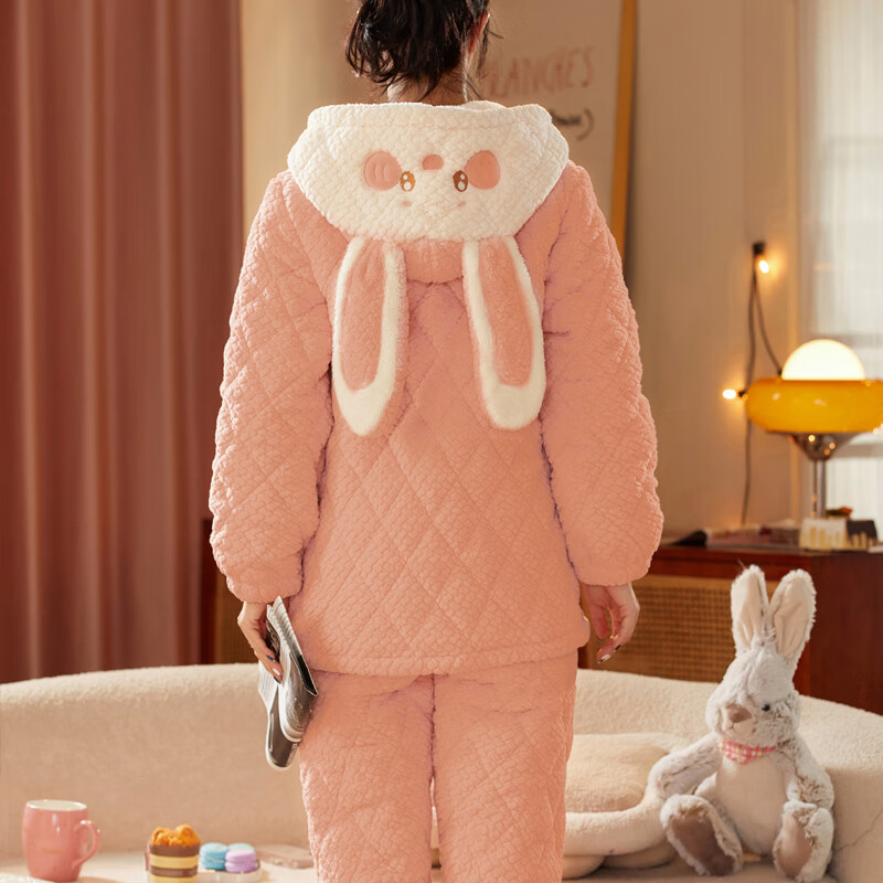 chunnian睡衣女冬季三层夹棉袄加厚加绒珊瑚绒保暖法兰绒家居服套装可外穿 KJ-62727豆沙 2XL