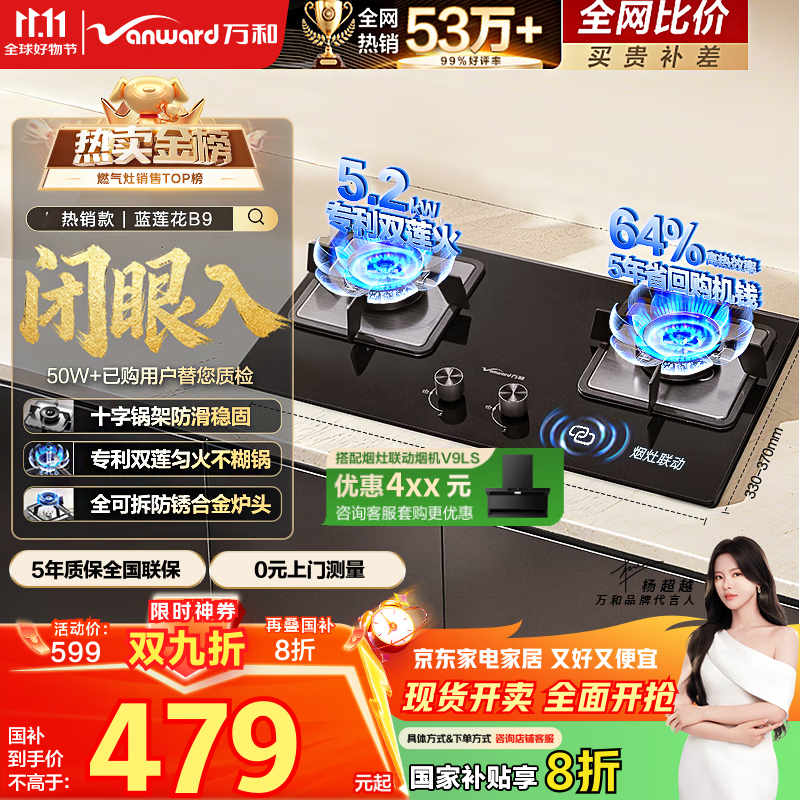 万和（Vanward）【蓝莲花B9·5.2kW】天然气燃气灶猛火烟灶联动以旧换新国家补贴20%嵌入式家用煤气双炉具台B9L50
