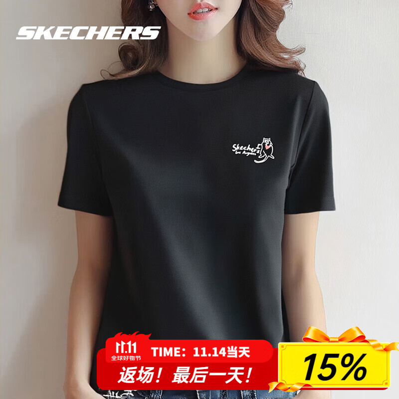 斯凯奇（Skechers）短袖女夏季2025新款黑色圆领T恤针织休闲运动透气短袖 黑色-03K8 L /165/88A