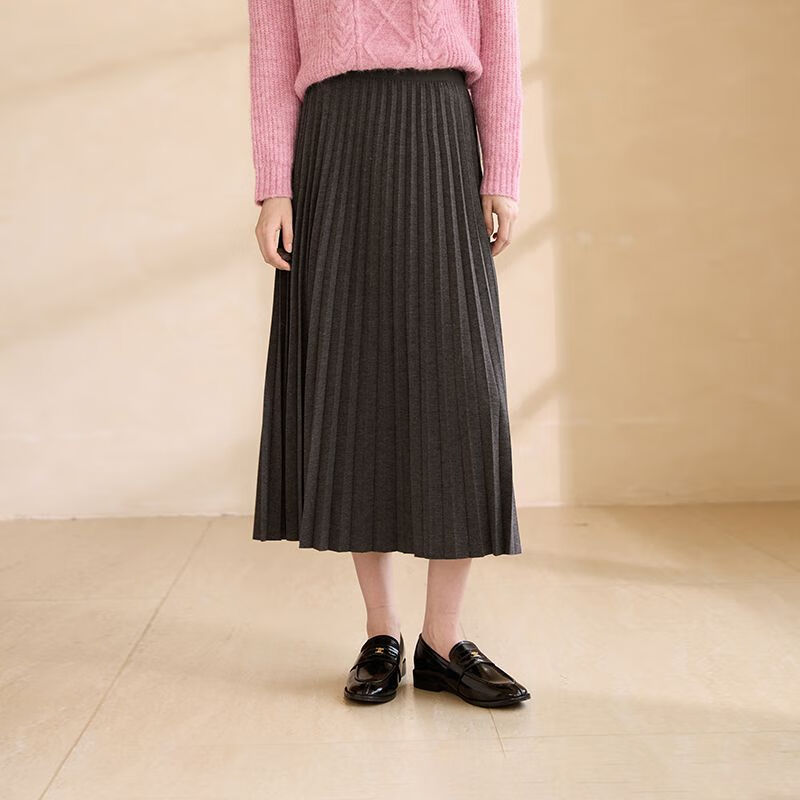 香影(xiangying)2025冬季新款垂墜感百褶梨形身材遮胯高腰中長款傘裙半身裙女 灰色 S