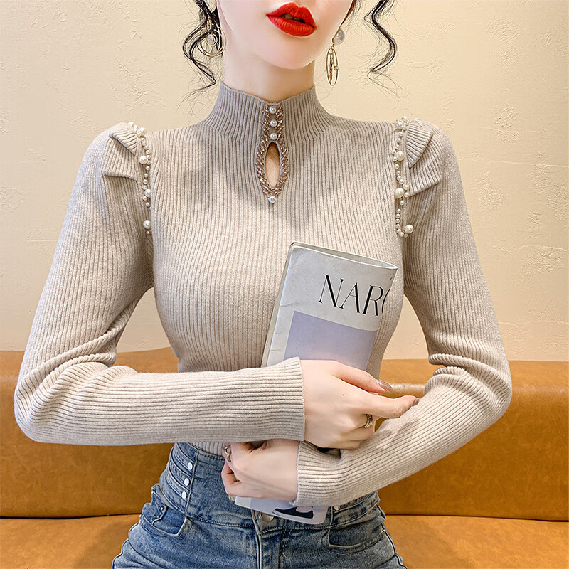 香影纯高级感时尚半高领打底衫女秋装2025新款别致珍珠内搭上衣长袖毛衣 黑色【高品质】 3XL (建议135-150斤)