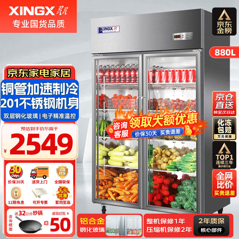 星星（XINGX）展示柜冷藏保鲜柜蔬菜水果双开门立式冰柜 冰箱商用大容量麻辣烫饭店食堂厨房点菜饮料串串啤酒 双门铜管 880升 BC-980Y
