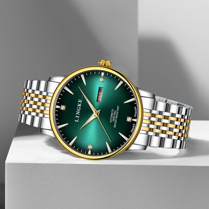 凌刻瑞士品质名匠系列防水手表男款男士全自动机械表风格爸爸父亲礼物 LK8853间金绿色（赠皮表带+15年质保+运费险 ） 42mm