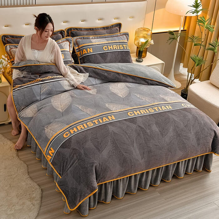 加厚牛奶绒四件套珊瑚绒法兰绒床裙款加绒被套被罩床上用品三件套 玫瑰花语-咖 床裙款 1.5m床四件套-被套200*230