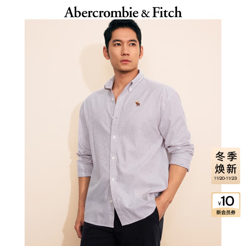 Abercrombie &amp; Fitch【牛津衬衫】经典小麋鹿图案男装25春夏美式长袖衬衫125-5083 棕红色条纹 XL (180/116A)尺码偏大
