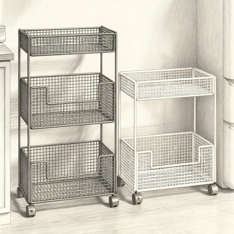尔思家厨房置物架落地多功能收纳架蔬菜零食架小推车分层夹缝储物柜货架 三层黑色-带轮