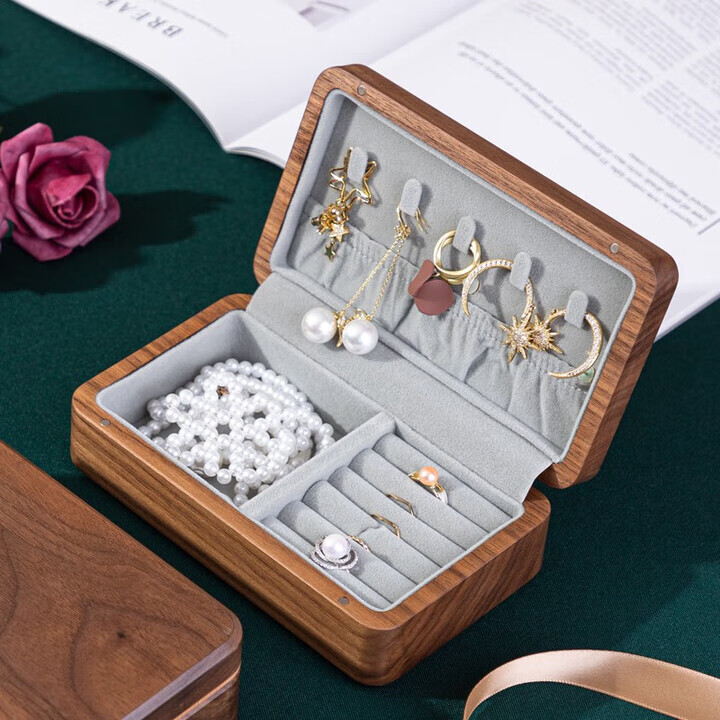 半物生活 首飾盒黑胡桃木收納盒精致實木珠寶盒耳釘項鏈便攜大容量旅行飾 黑巧克力款