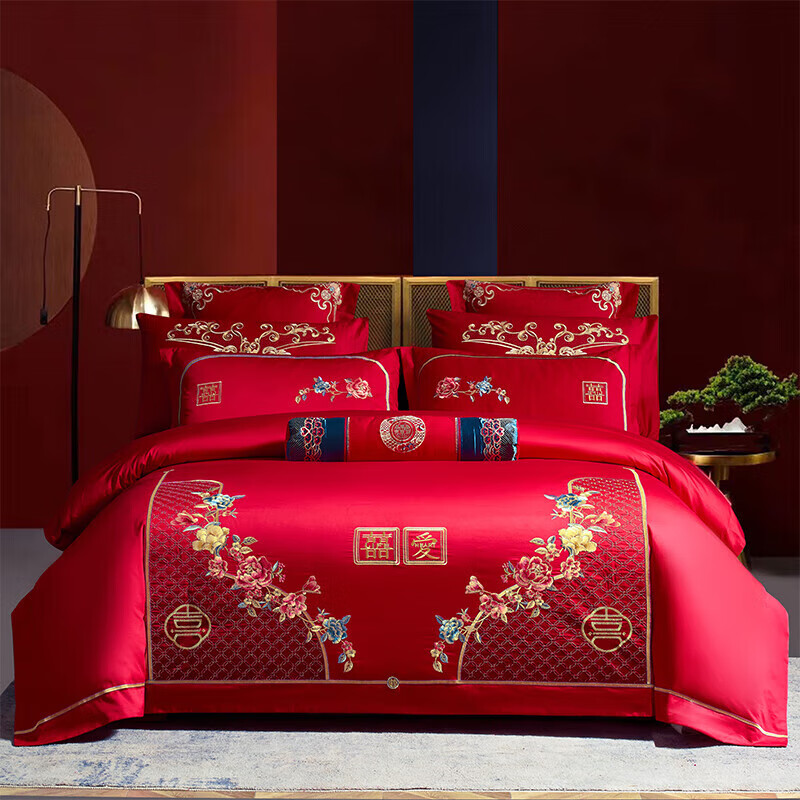 水星系列家纺系列家纺刺绣婚庆四件套纯棉结婚喜庆床盖床单被套新婚床上用品 宠爱 1.5m床单款四件套