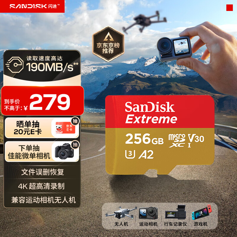 闪迪（SanDisk）256GB TF(MicroSD)内存卡 4K极速金卡A2 V30 U3行车记录仪 运动相机无人机 监控存储卡 读190MB/s