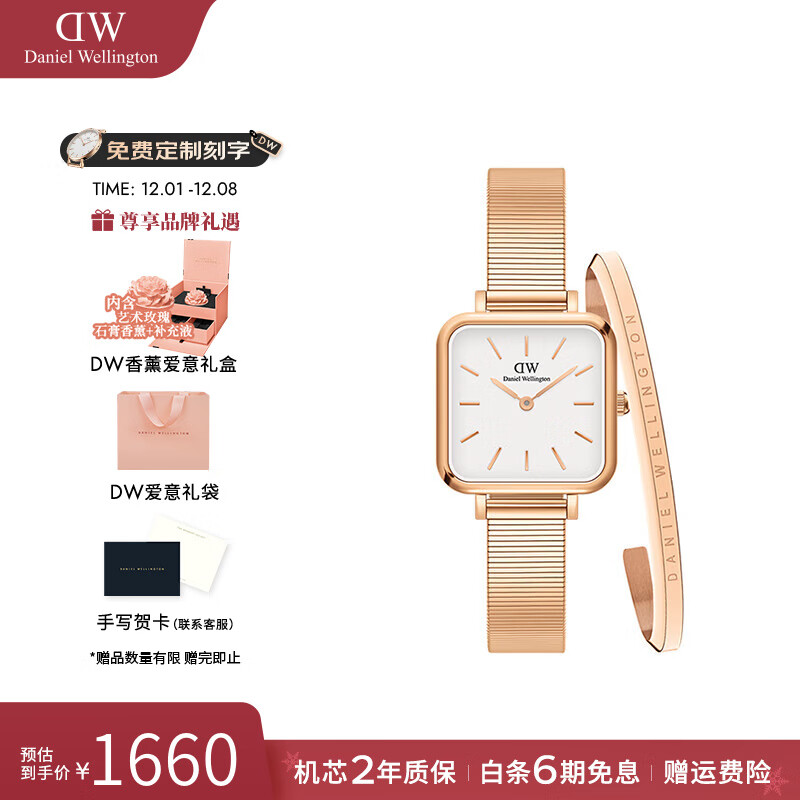丹尼尔惠灵顿（DanielWellington）dw手表 女士手表摩登复古小方表石英欧美腕表 七夕礼物送女友 玫瑰金白盘