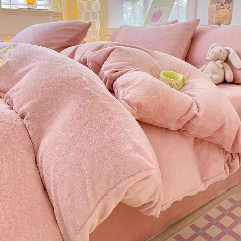 猫人（MiiOW）冬季纯色牛奶绒四件套简约加绒床单被套罩三件套加厚秋冬宿舍床品 浅粉【柔软亲肤】 1.8m 床笠款 四件套-200x230cm被套