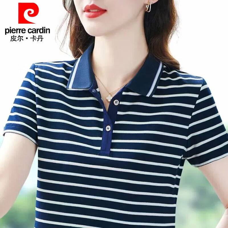 皮尔卡丹（pierre cardin）纯棉Polo夏季2026新款条纹翻领短袖大码休闲运动带领T恤女士上衣 宝蓝【纯棉Polo】 4XL 【建议145-160斤】